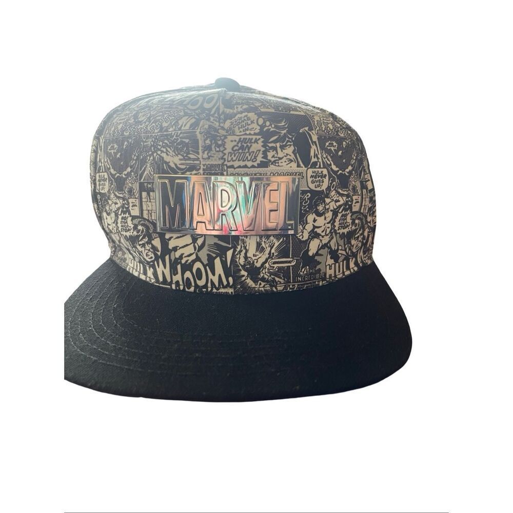 Marvel Mens Black Gray Monochrome Comic Snapback Hat Baseball Cap
